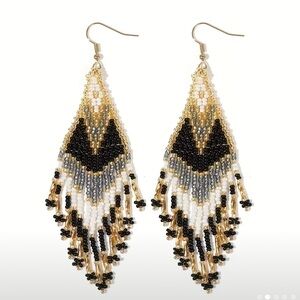 Gold and Black Chandelier Earrings with Chevron Design